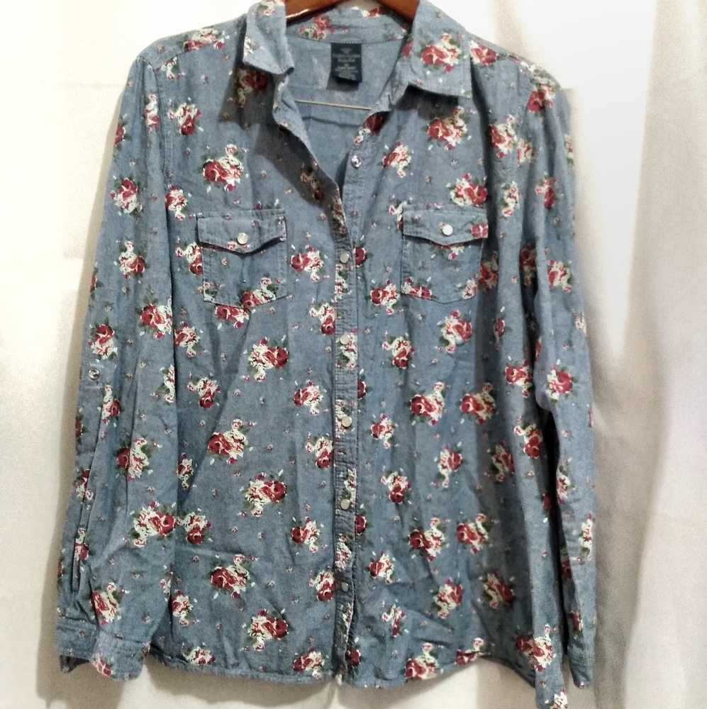 Faded Glory Snap Button Long Sleeve Floral Denim Shirt Plus Size 2X (18W…